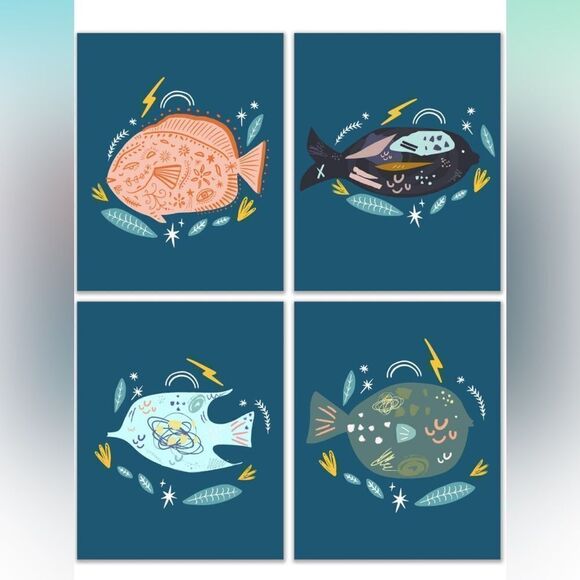 Tropical Abstract Fish Prints Set of 4 8x10” Glossy Saltwater Nursery Wall Art - Picture 1 of 1